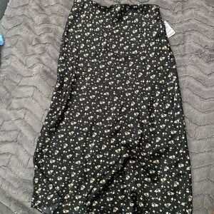 Black Silk like Midi Skirt with Floral Print
